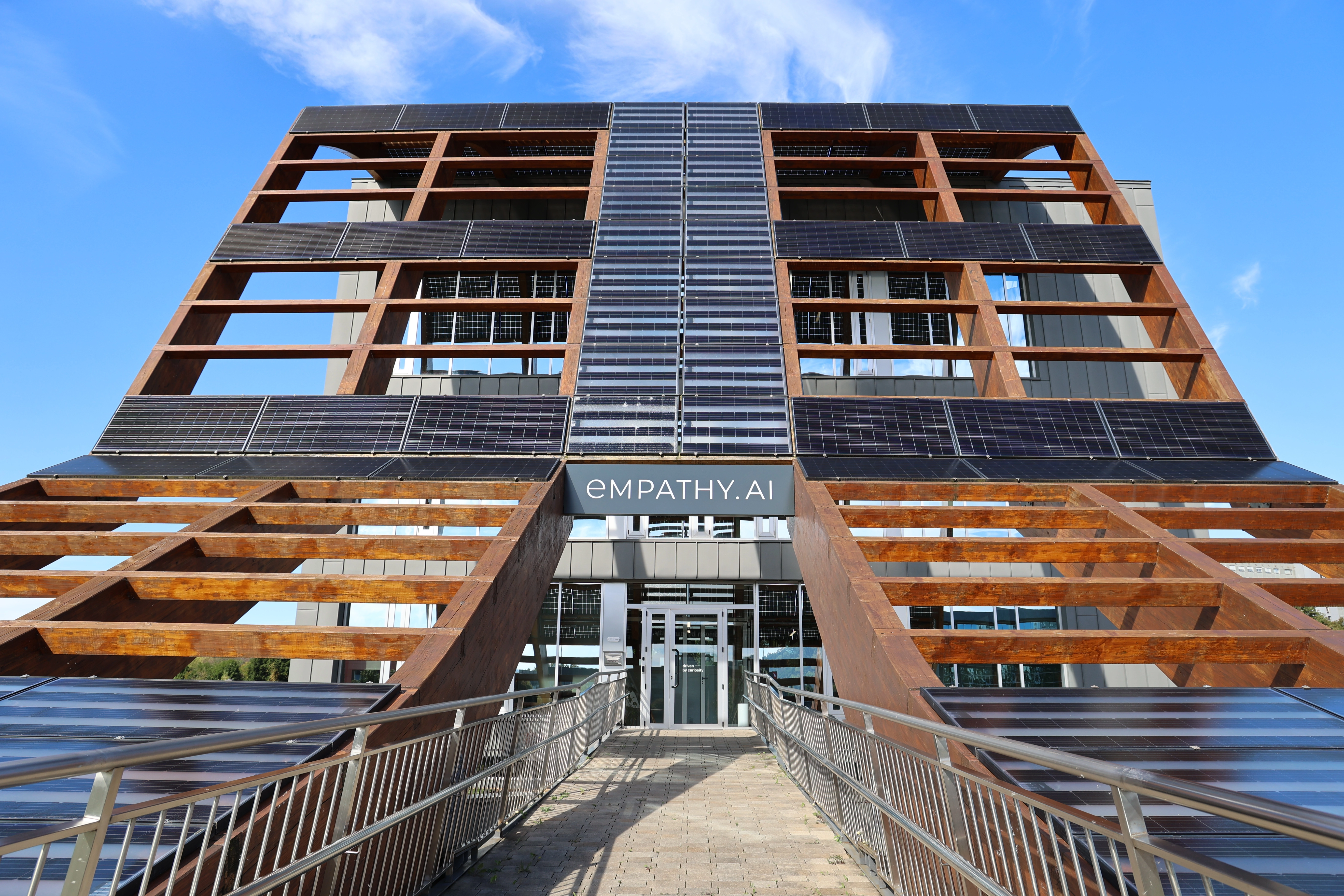 Empathy AI sustainable headquarters building with solar panels and modern bioclimatic design in Asturias, Spain